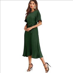 NWOT Milumia Women's Elegant Belted Pleated Flounce Sleeve Long Dress | XL Green